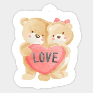 cute bear couple with love heart Sticker